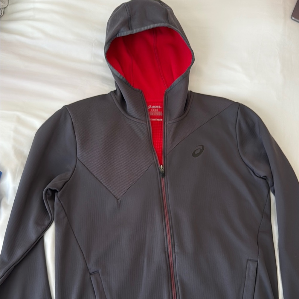 Asics Gray and Red Performance Jacket with Hood